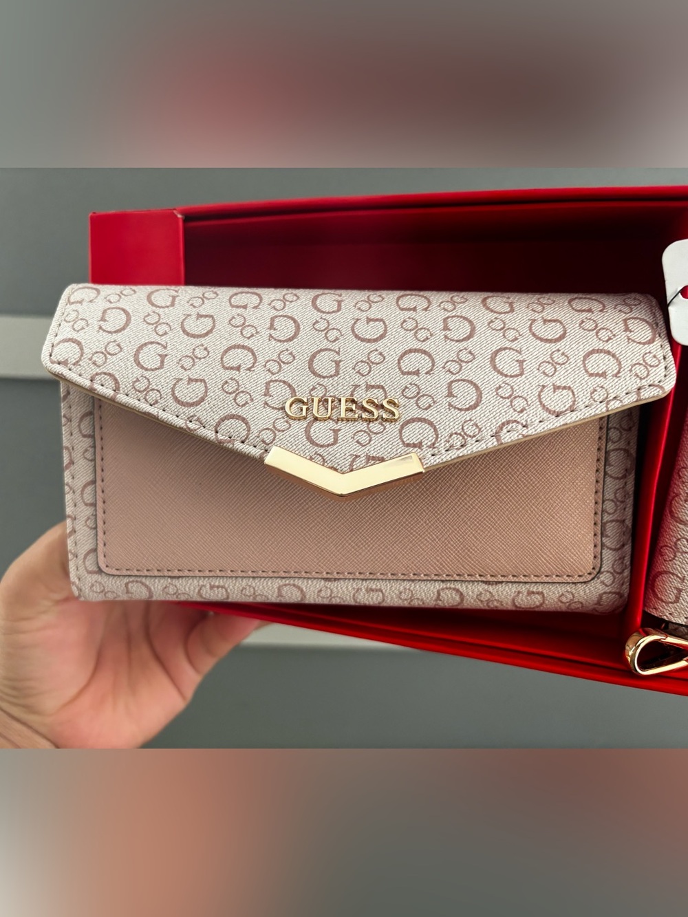 GUESS Blush Pink Signature Envelope Wallet with Gold Hardware